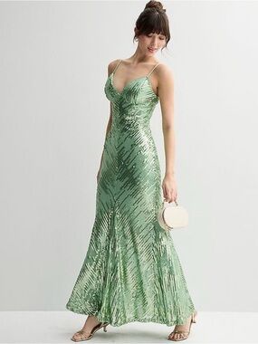 Sage Sequin Spaghetti-Strap Maxi Dress